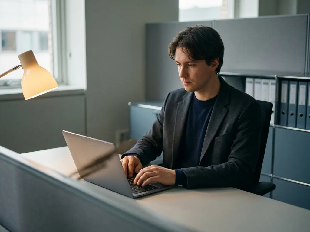 Abgelenkter Büroangestellter am Laptop, während ein unheimlicher Schatten über die Tastatur kriecht, gedämpfte Blau- und Grautöne.