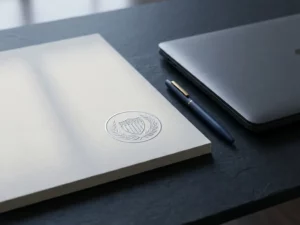 Offizielles Zertifikat mit geprägtem Behördensiegel auf dunklem Schreibtisch neben geschlossenem Laptop, weiches Seitenlicht.