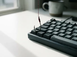 Angelhaken hängt bedrohlich über einer modernen Tastatur auf weißem Schreibtisch, symbolisiert Phishing-Gefahr.