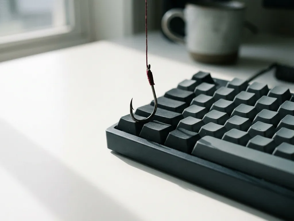 Angelhaken hängt bedrohlich über einer modernen Tastatur auf weißem Schreibtisch, symbolisiert Phishing-Gefahr.