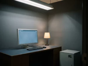 Behördlicher Arbeitsplatz mit Monitor und physischer Sicherheits-Appliance, beleuchtet von Neonlicht in gedämpften Blau- und Anthrazittönen.
