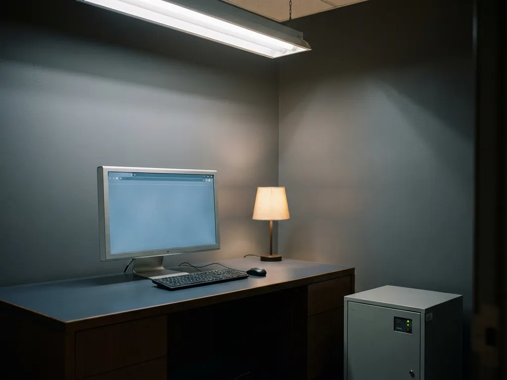Behördlicher Arbeitsplatz mit Monitor und physischer Sicherheits-Appliance, beleuchtet von Neonlicht in gedämpften Blau- und Anthrazittönen.
