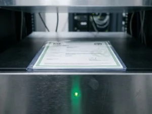 BSI-Zertifikat in Klarsichthülle auf gebürstetem Stahlserver-Panel mit grün leuchtendem Kontrolllämpchen.