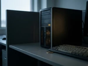 Bürocomputer mit warmem Monitorschein im Halbdunkel, versteckte Kryptomünze unter der Tastatur, angespannte Atmosphäre.