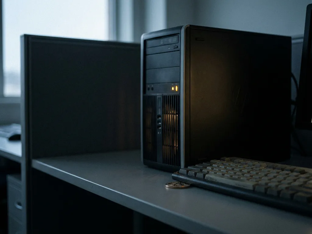 Bürocomputer mit warmem Monitorschein im Halbdunkel, versteckte Kryptomünze unter der Tastatur, angespannte Atmosphäre.
