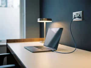 Laptop auf minimalistischem Schreibtisch mit Ethernet-Kabel an wandmontiertem Netzwerk-Switch im Büro.