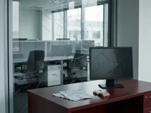 Zerbrochenes Bürofenster mit gebrochenem Computermonitor, verstreuten Rechnungen und Euroscheinen auf einem Schreibtisch.