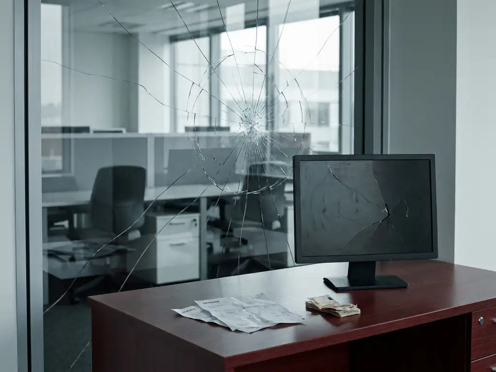 Zerbrochenes Bürofenster mit gebrochenem Computermonitor, verstreuten Rechnungen und Euroscheinen auf einem Schreibtisch.
