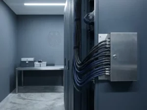 Serverrack einer Bundesbehörde mit abgeschirmten Netzwerkkabeln, verschlossenem Stahlpanel und dem Bundesadler an der Wand.