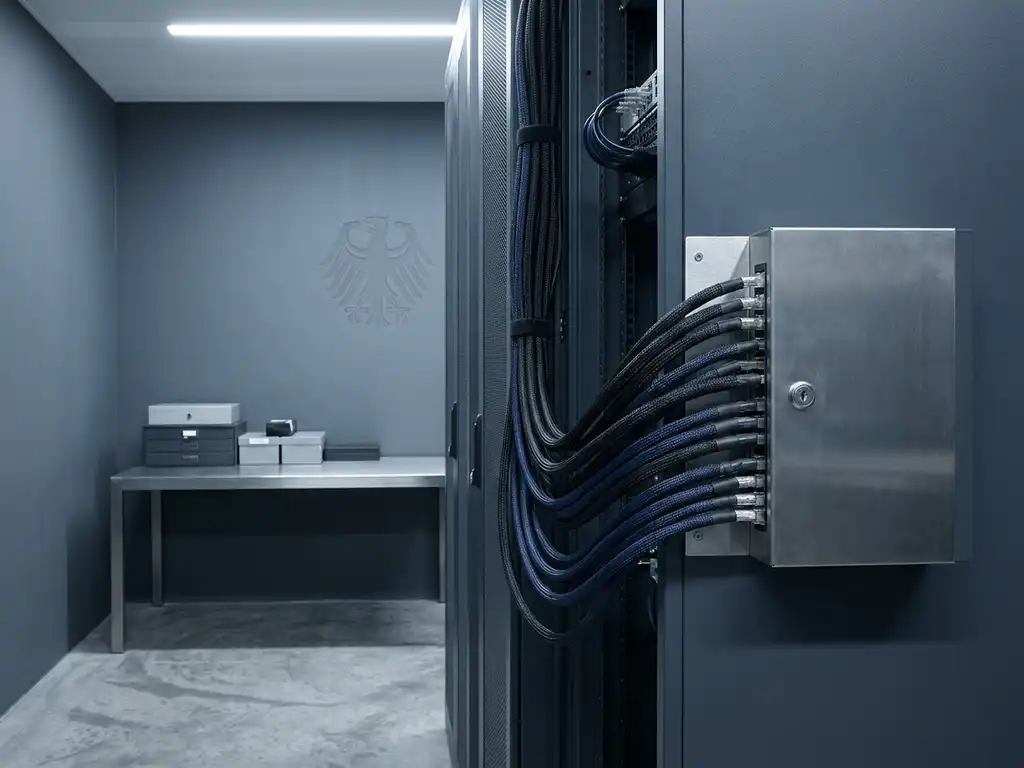 Serverrack einer Bundesbehörde mit abgeschirmten Netzwerkkabeln, verschlossenem Stahlpanel und dem Bundesadler an der Wand.