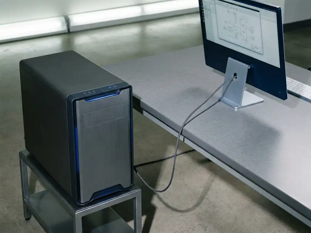 Dedizierter Server-Tower und Büro-Workstation durch Air-Gap getrennt, verbunden durch ein einzelnes Displaykabel auf grauem Schreibtisch.