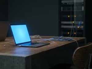 Leuchtender Laptop-Bildschirm verbreitet blaues Licht über dunklen Schreibtisch mit Netzwerkkabeln und Serverrack im Hintergrund.