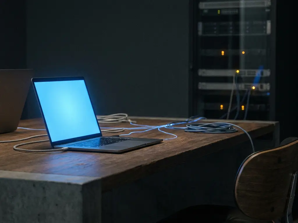 Leuchtender Laptop-Bildschirm verbreitet blaues Licht über dunklen Schreibtisch mit Netzwerkkabeln und Serverrack im Hintergrund.