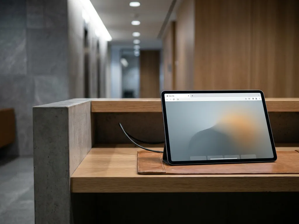 Unbeaufsichtigtes Empfangs-Tablet mit geöffnetem Browser in minimalistischer Unternehmenslobby, Netzwerkkabel im Hintergrund sichtbar.