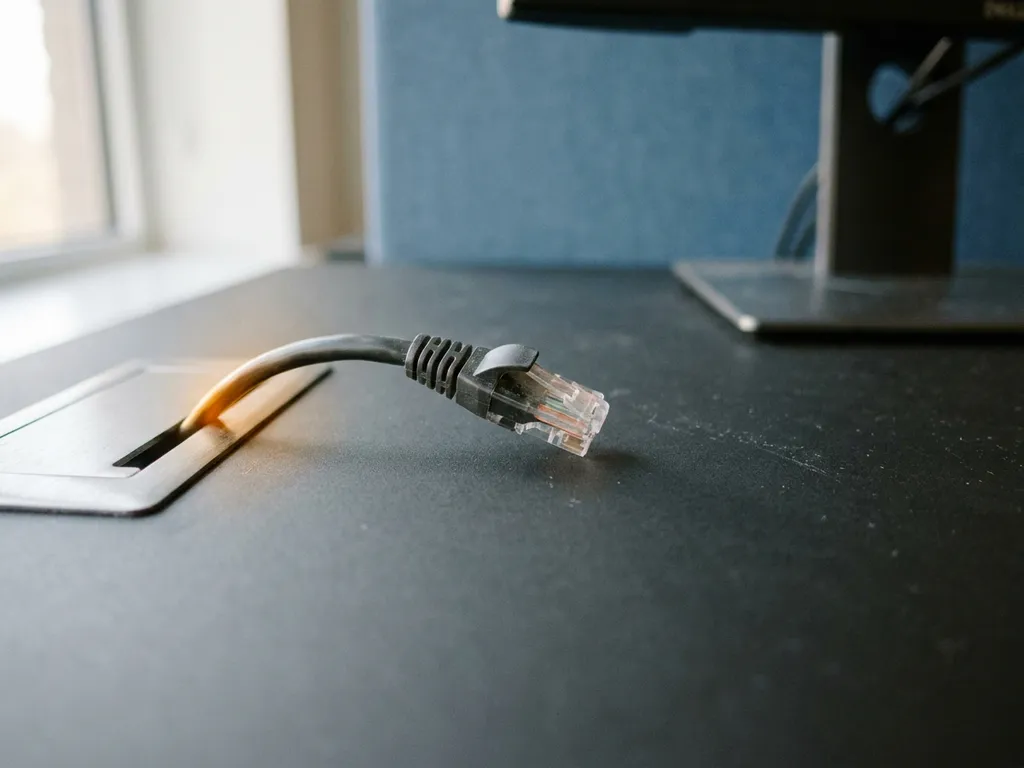 Locker eingestecktes Ethernet-Kabel an einem modernen Büro-Workstation, Nahaufnahme mit flacher Schärfentiefe.