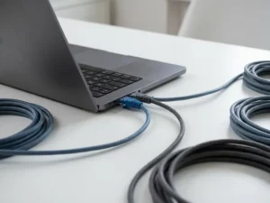 Ethernet-Kabel in modernem Laptop eingesteckt, weitere Kabel auf weißem Schreibtisch ausgebreitet, Nahaufnahme mit flacher Tiefenschärfe.