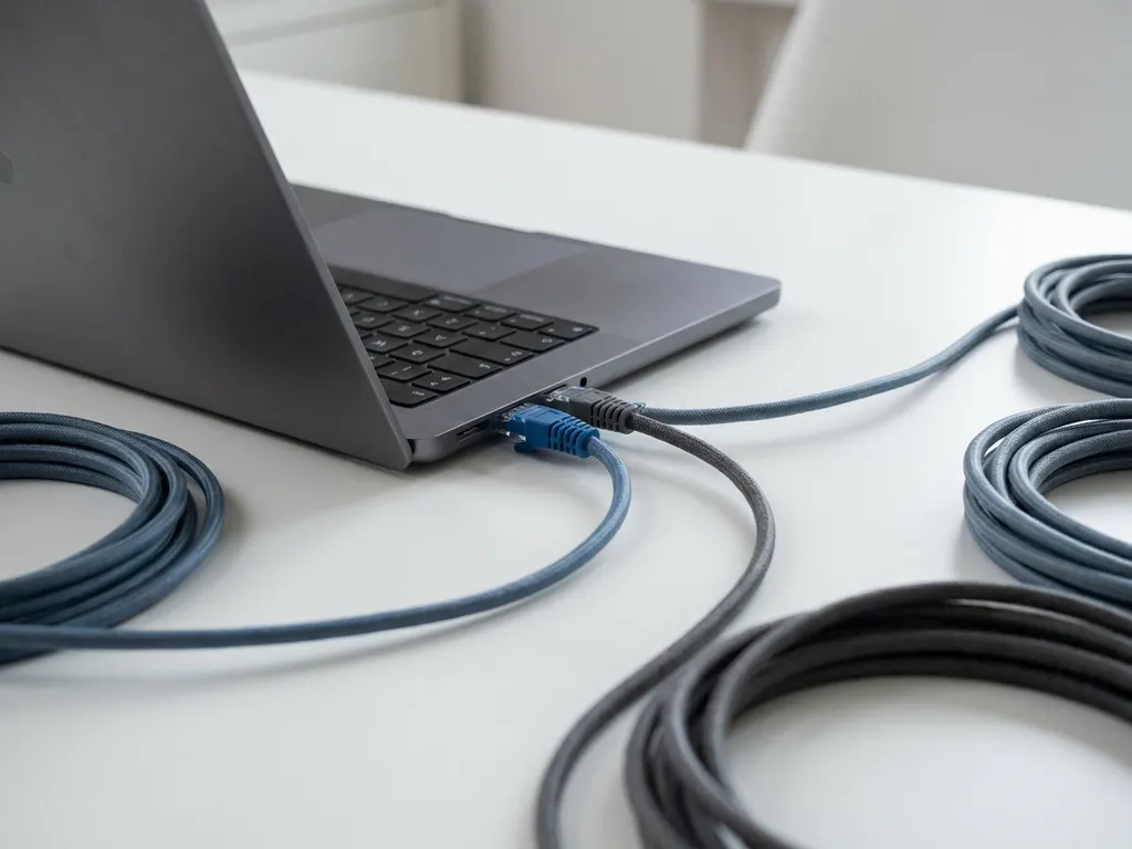 Ethernet-Kabel in modernem Laptop eingesteckt, weitere Kabel auf weißem Schreibtisch ausgebreitet, Nahaufnahme mit flacher Tiefenschärfe.