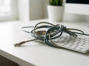 Ethernet-Kabel locker um eine Bürotastatur gewickelt auf weißem Schreibtisch, ein Ende unverbunden, flache Schärfentiefe.