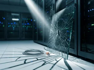 Gebrochene Glasscheibe mit scharfen Schattenmustern auf dem Boden eines Serverraums, daneben ein getrenntes Ethernet-Kabel.