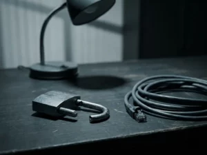Gebrochenes Vorhängeschloss neben einem abgezogenen Ethernet-Kabel auf dunklem Schreibtisch, symbolisiert Cybersicherheitslücke.