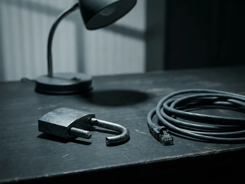 Gebrochenes Vorhängeschloss neben einem abgezogenen Ethernet-Kabel auf dunklem Schreibtisch, symbolisiert Cybersicherheitslücke.