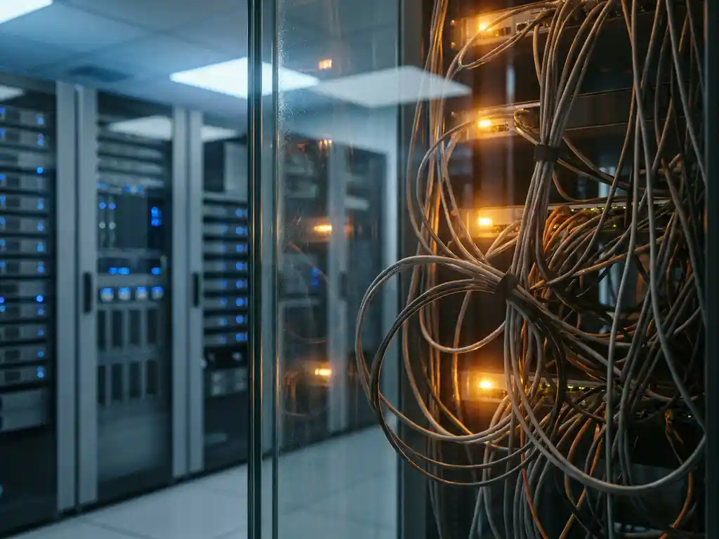 Glaswand trennt gesicherten Serverraum von einem Internet-Kabelbündel, warme Amber-Töne hinter dem Glas, kühles Blau auf der geschützten Seite.