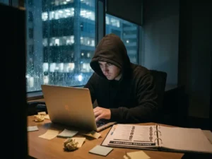 Vermummte Person über einem schwach beleuchteten Laptop in dunklem Raum, Haftnotizen und Mitarbeiterverzeichnis auf dem Schreibtisch.