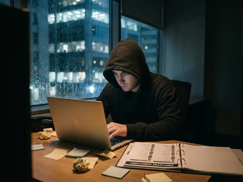 Vermummte Person über einem schwach beleuchteten Laptop in dunklem Raum, Haftnotizen und Mitarbeiterverzeichnis auf dem Schreibtisch.