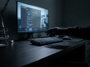 Behandschuhte Hand über mechanischer Tastatur im Dunkeln, kaltes blaues Bildschirmlicht beleuchtet minimalistischen Arbeitsplatz.