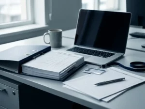 Aufgeschlagener ISO-Compliance-Ordner auf einem Schreibtisch neben Laptop, Sicherheitsausweis und Stift auf Audit-Checklisten.