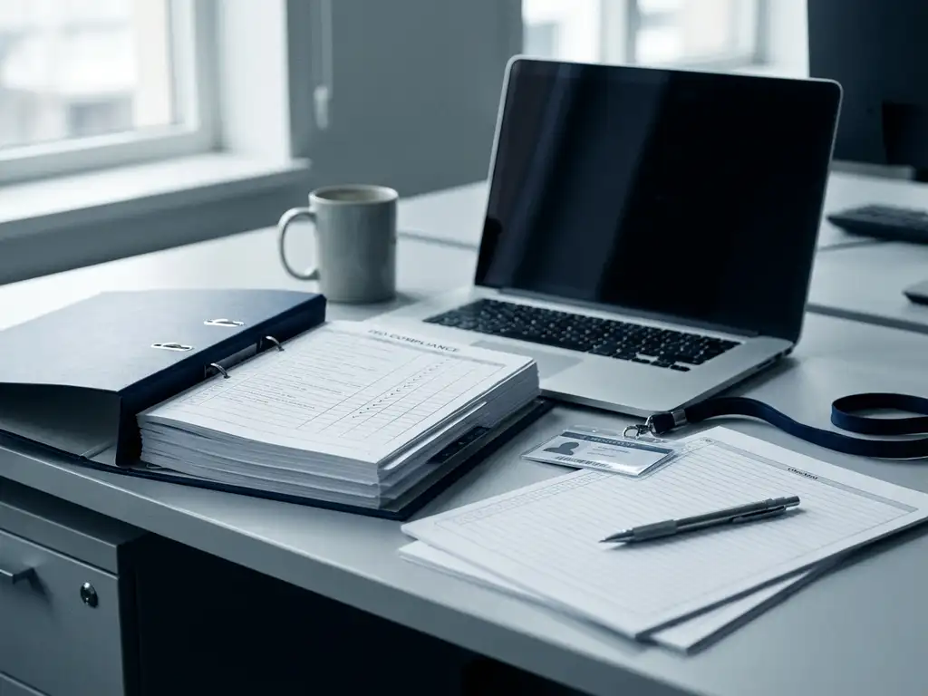 Aufgeschlagener ISO-Compliance-Ordner auf einem Schreibtisch neben Laptop, Sicherheitsausweis und Stift auf Audit-Checklisten.
