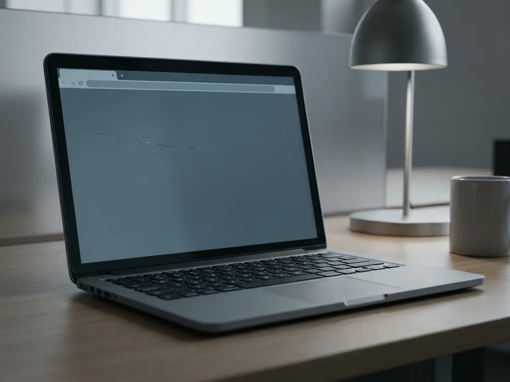 Laptop mit gebrochenem Bildschirm auf minimalem Schreibtisch, kühle Grau- und Stahlblautöne, flache Schärfentiefe.