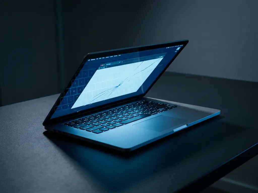 Aufgeklappter Laptop auf dunklem Schreibtisch, kaltes blaues Licht des Browsers beleuchtet die Tastatur in tiefer Dunkelheit.