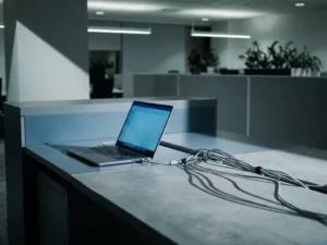 Aufgeklappter Laptop auf minimalistischem Büroschreibtisch, blauer Bildschirmschein, Kabel im Hintergrund, moderner Arbeitsplatz.