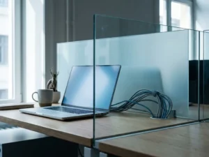 Laptop auf minimalistischem Schreibtisch mit Glasscheibe als digitale Trennung von Netzwerkkabeln im Hintergrund.