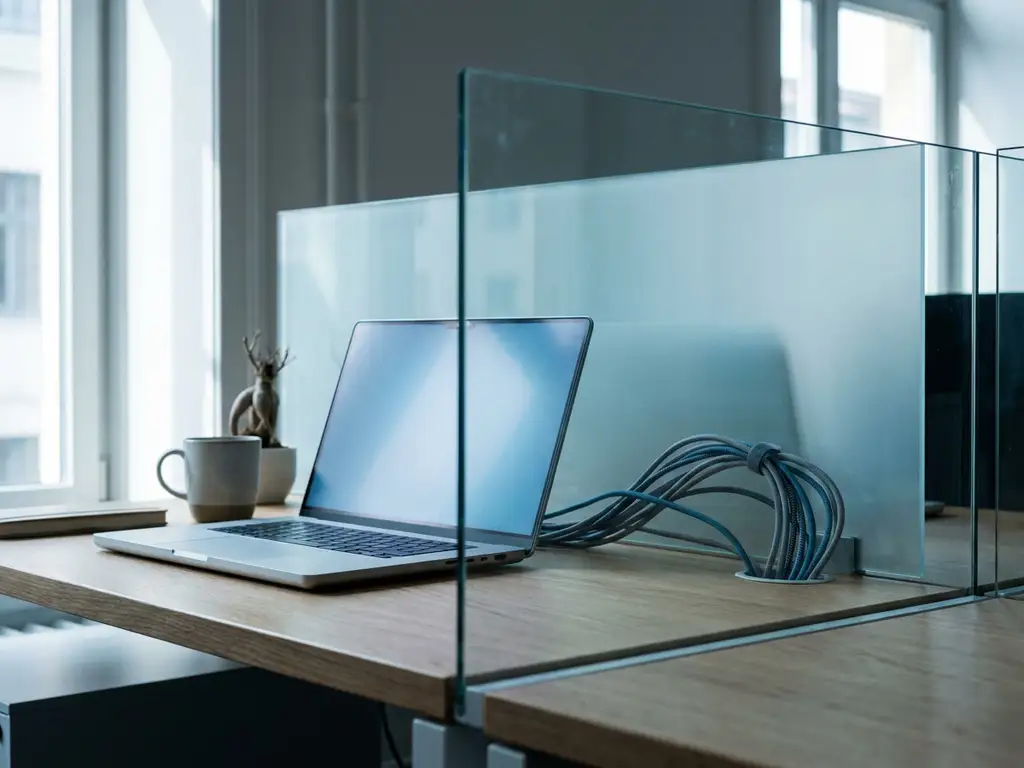 Laptop auf minimalistischem Schreibtisch mit Glasscheibe als digitale Trennung von Netzwerkkabeln im Hintergrund.