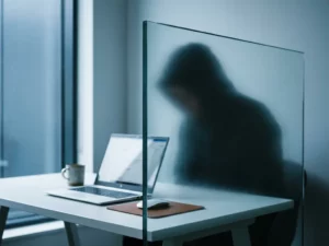Laptop auf weißem Schreibtisch hinter aufrechter Glasscheibe, die einen dunklen Schatten abschirmt, in kühlen Stahl- und Anthrazittönen.