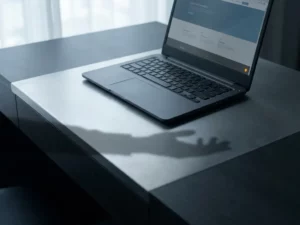 Laptop auf einem Schreibtisch wirft einen handförmigen Schatten, symbolisiert digitale Bedrohung durch Phishing-Webseiten.