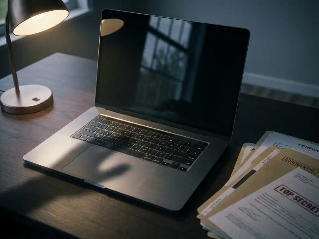 Laptop auf Schreibtisch mit vertraulichen Dokumenten, bedrohlicher Schatten über der Tastatur, dunkler Bildschirm mit Fensterreflexion.