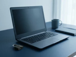 Laptop mit geöffnetem Browser auf einem minimalistischen Schreibtisch, daneben ein kleines Vorhängeschloss als Symbol für Online-Sicherheit.
