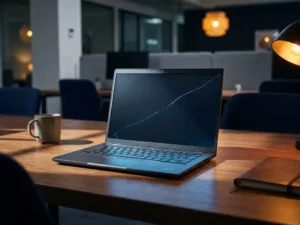 Laptop mit gebrochenem Display auf einem Büroschreibtisch, dramatische Seitenbeleuchtung in Blau- und Grautönen unterstreicht digitale Sicherheitslücken.