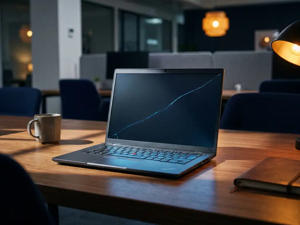 Laptop mit gebrochenem Display auf einem Büroschreibtisch, dramatische Seitenbeleuchtung in Blau- und Grautönen unterstreicht digitale Sicherheitslücken.