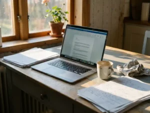 Unbeaufsichtigter Laptop auf einem unordentlichen Küchentisch mit Kaffeetasse und persönlichen Dokumenten im warmen Nachmittagslicht.