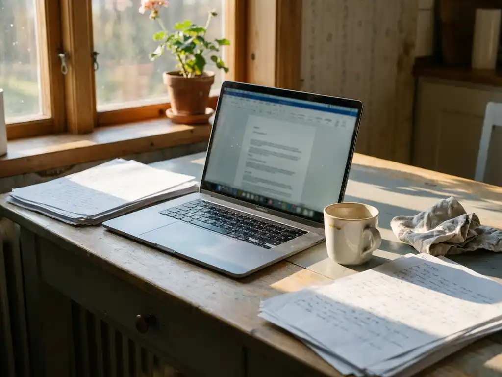 Unbeaufsichtigter Laptop auf einem unordentlichen Küchentisch mit Kaffeetasse und persönlichen Dokumenten im warmen Nachmittagslicht.
