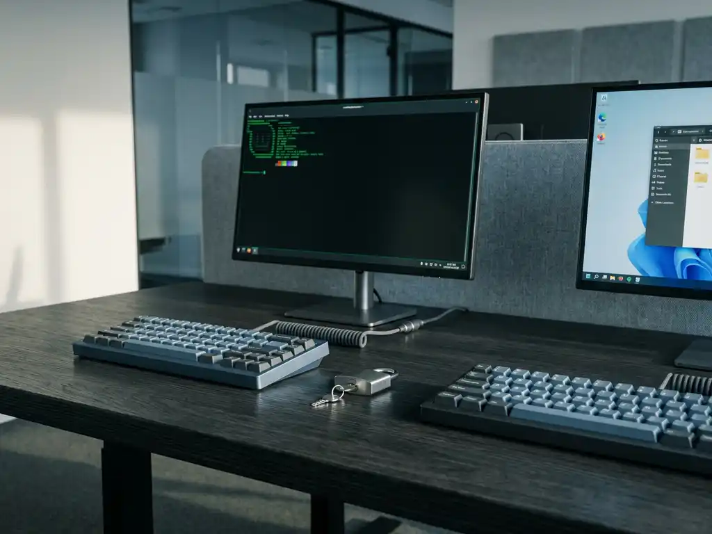 Zwei Tastaturen auf einem dunklen Schreibtisch, getrennt durch ein Vorhängeschloss, symbolisieren sichere Dual-System-Workstation mit Linux und Windows-PC.