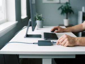 Minimalistischer Arbeitsplatz mit Monitor, Tastatur und Netzwerk-Switch auf weißem Schreibtisch, Ethernet-Kabel ordentlich verlegt.