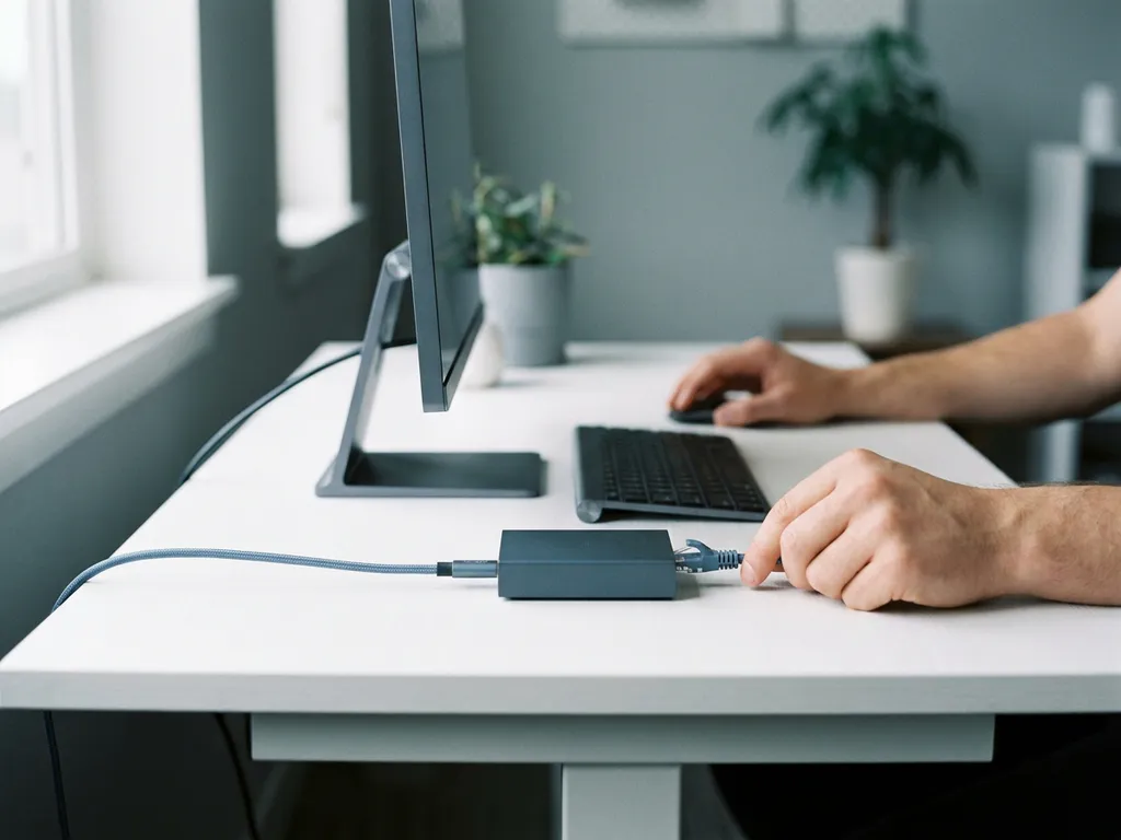 Minimalistischer Arbeitsplatz mit Monitor, Tastatur und Netzwerk-Switch auf weißem Schreibtisch, Ethernet-Kabel ordentlich verlegt.
