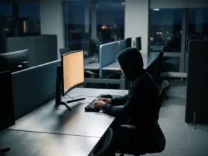 Mitarbeiter am Schreibtisch starrt auf einen leuchtenden Monitor in einem modernen Büro mit bedrohlichem Schattenspiel auf der Tastatur.