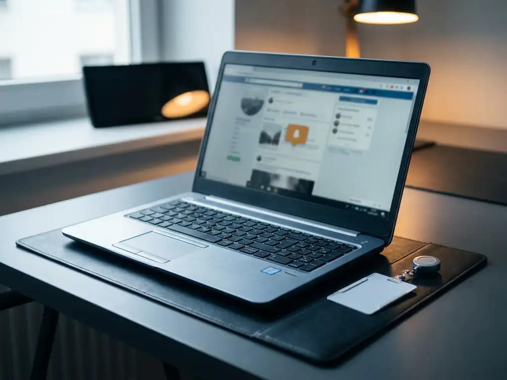 Aufgeklappter Laptop auf Büroschreibtisch mit sichtbarem Social-Media-Feed, Firmenausweis daneben, warmes Lampenlicht, ruhige Atmosphäre.