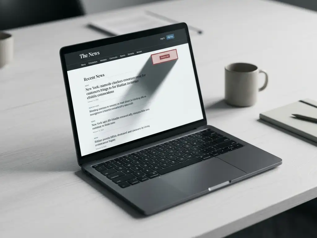 Laptop auf weißem Schreibtisch zeigt Nachrichtenwebsite mit dunklem Schatten eines Banneranzeige auf dem Bildschirm.